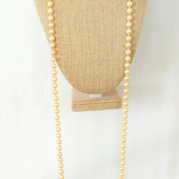 SALE X LONG Vintage Glass Champagne Pearl Necklace - Picture 4 of 7